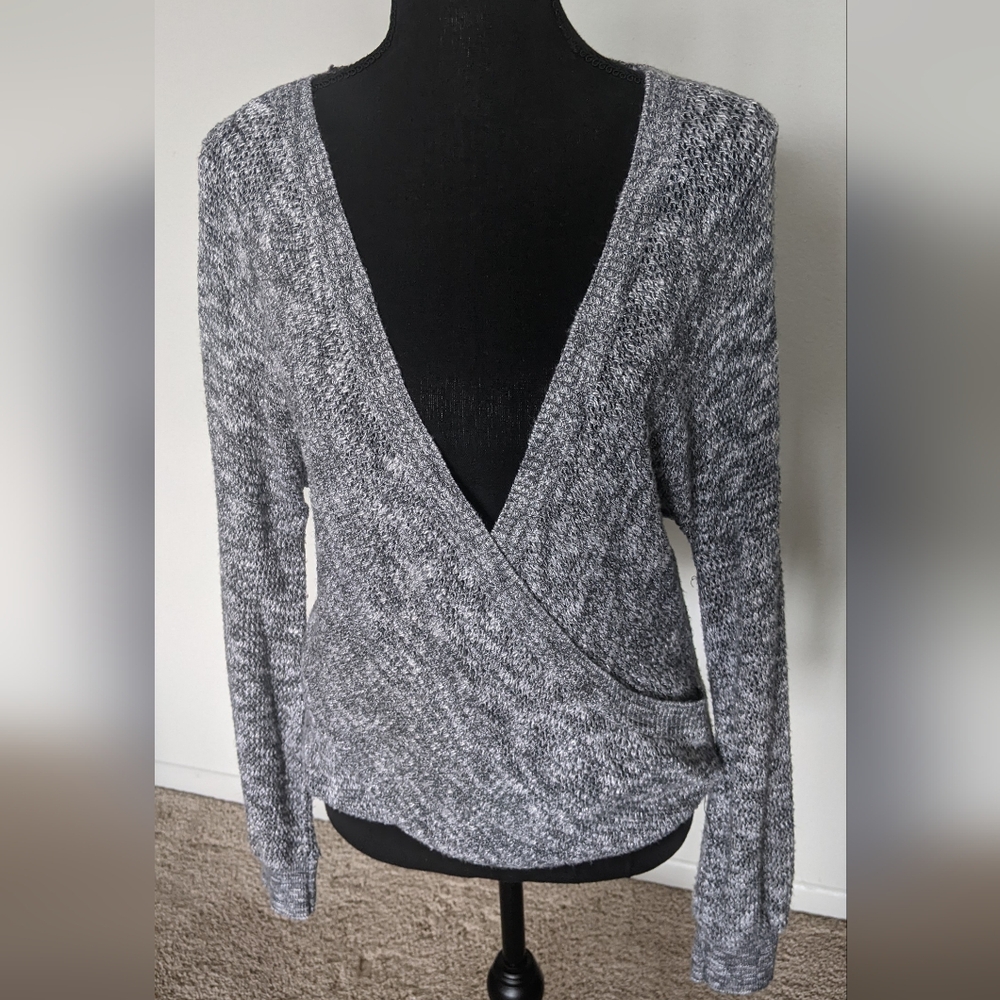 Express Gray and White Wrap Front Long Sleeve Sweater, size XS